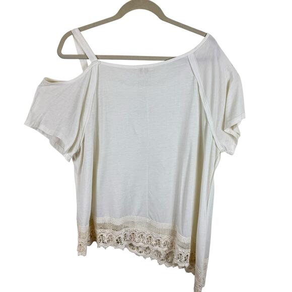 Umgee NWT Cream Cold Shoulder Crochet Lace Trim Short Sleeve Cotton Blend Top L - Picture 2 of 5
